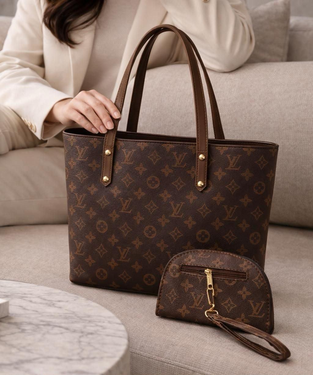 Luxury Black Tote Handbag & Wristlet Set for Women with Mini Pouch