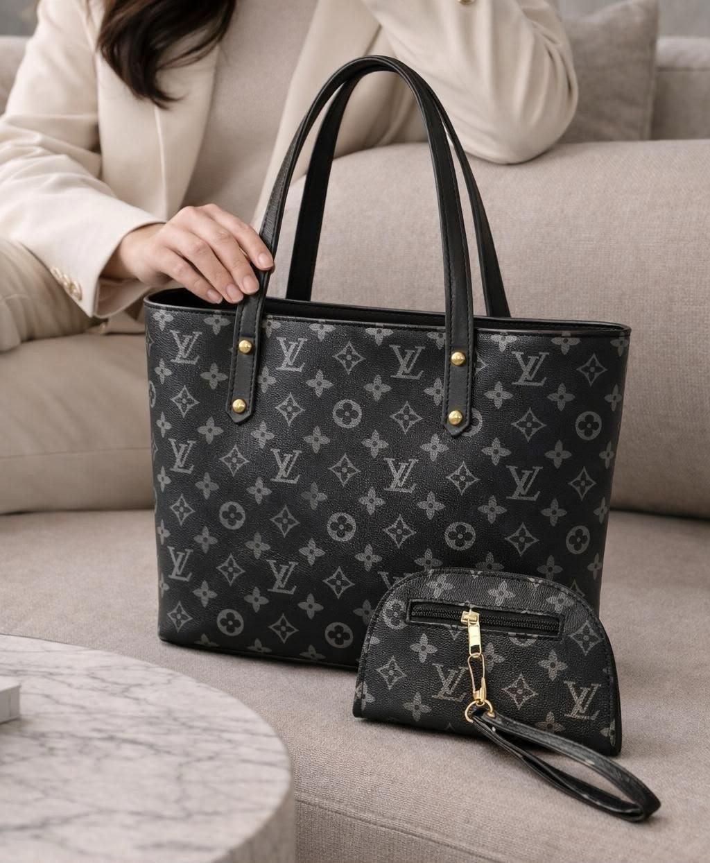 Luxury Black Tote Handbag & Wristlet Set for Women with Mini Pouch