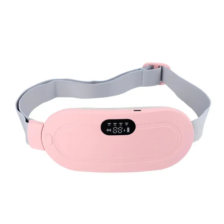 Pink menstrual heating belt showing fast heating and three temperature levels
