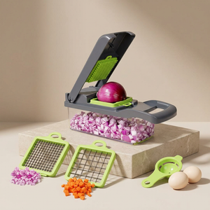 Multi-blade vegetable chopper with container and interchangeable blades
